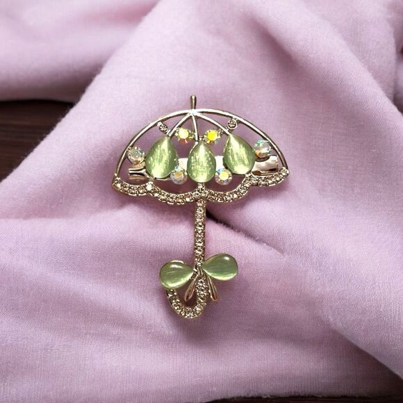 Green Moon Glow Stone Aurora Borealis Rhinestone Silver Tone Unbrella… - Picture 1 of 2
